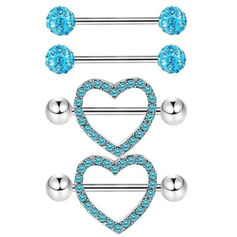 316L Stainless Steel and Aquamarine Cubic Zirconia Nipple Rings 14g - 2 Sets
